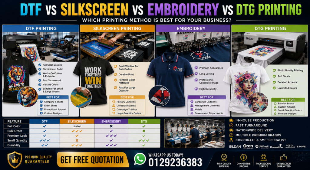 dtf vs embroidery vs silkscreen vs dtg