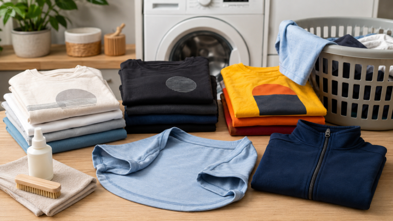 Folded shirts in a clean laundry room