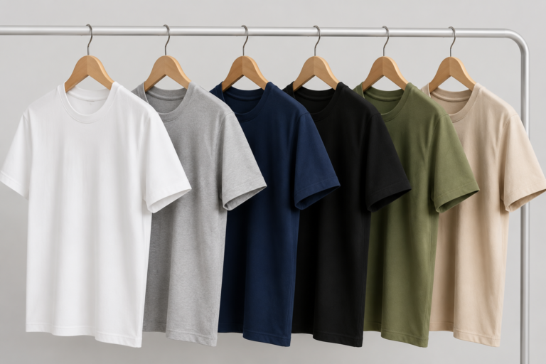 Gildan shirts displayed on rack