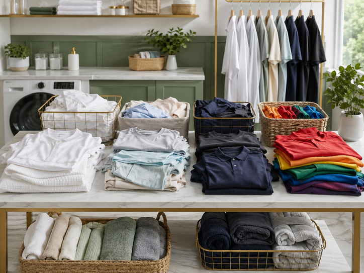 T-shirts grouped by colour before washing